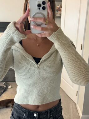Zara Off-the-Shoulder Half-Zip Sweater in cream